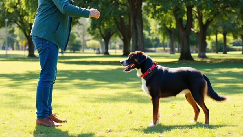 Person training a dog in a sunny park.