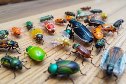 Colorful insects on a wooden surface.