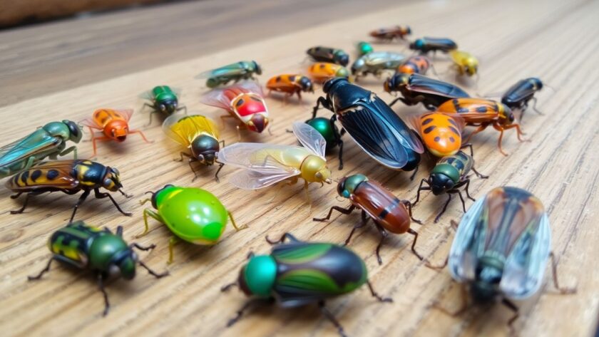 Colorful insects on a wooden surface.