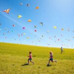 Colorful kites flying in a clear blue sky.