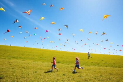 Colorful kites flying in a clear blue sky.