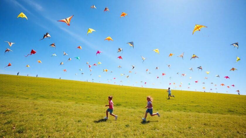 Colorful kites flying in a clear blue sky.