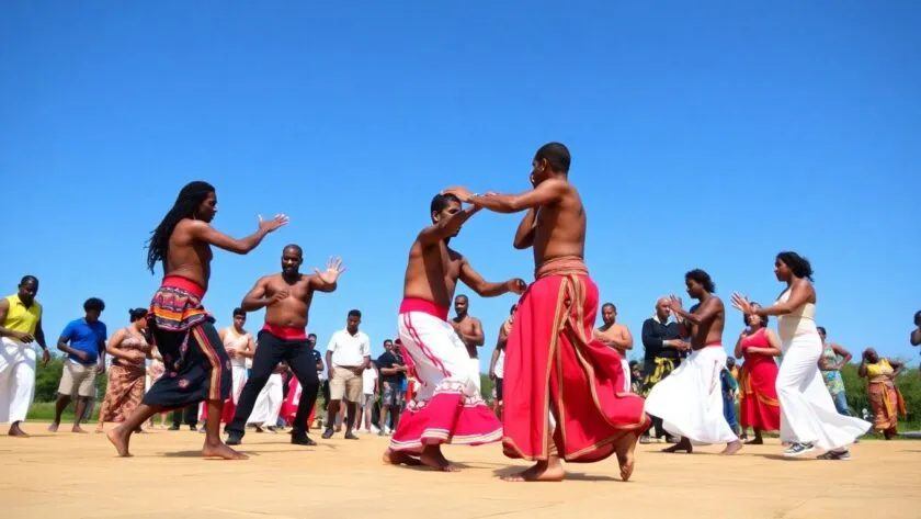 Diverse people practicing Capoeira outdoors in traditional attire.