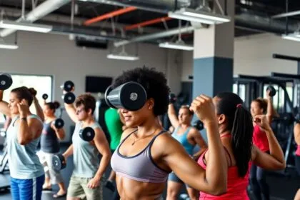 Group of people weightlifting in a vibrant gym setting.