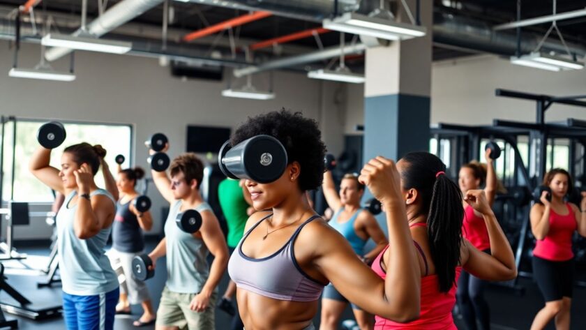 Group of people weightlifting in a vibrant gym setting.