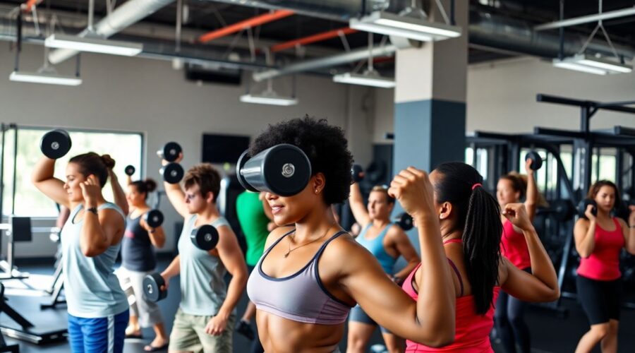 Group of people weightlifting in a vibrant gym setting.