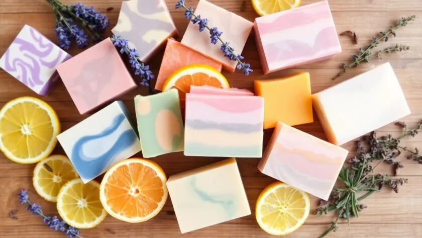 Colorful handmade soaps with natural ingredients on wood.