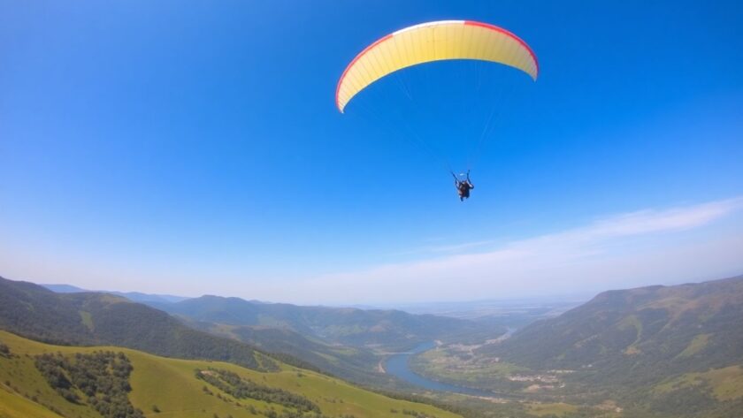 Paraglider flying over green hills and a river.