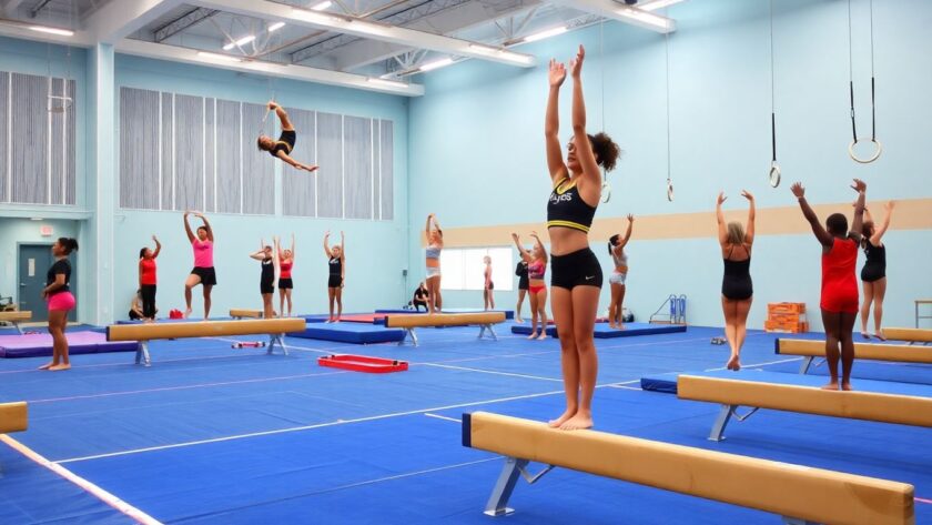 Diverse gymnasts performing skills in a bright gymnasium.