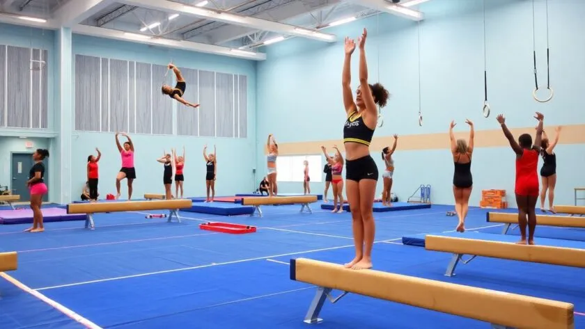 Diverse gymnasts performing skills in a bright gymnasium.