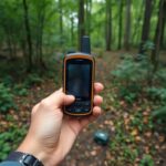 Person with GPS device in a forest finding a cache.