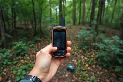 Person with GPS device in a forest finding a cache.