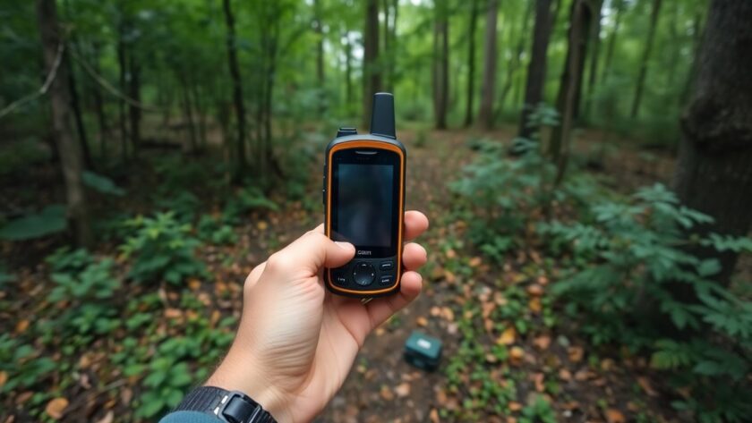 Person with GPS device in a forest finding a cache.