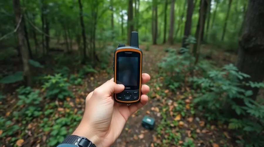 Person with GPS device in a forest finding a cache.