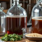 Homebrewing equipment with carboys and brewing ingredients.