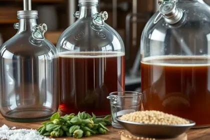 Homebrewing equipment with carboys and brewing ingredients.