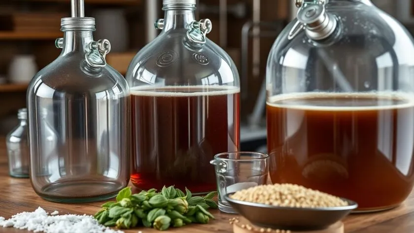 Homebrewing equipment with carboys and brewing ingredients.