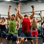 Diverse athletes engaged in CrossFit workouts in a gym.