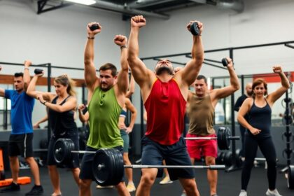 Diverse athletes engaged in CrossFit workouts in a gym.