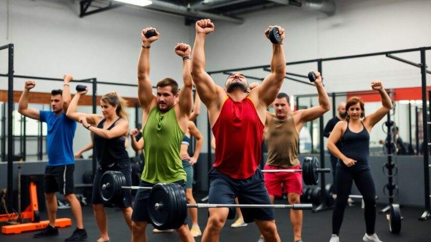 Diverse athletes engaged in CrossFit workouts in a gym.