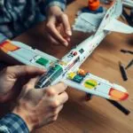 Hands building a model airplane with colorful parts.