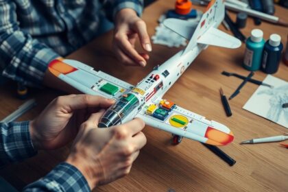 Hands building a model airplane with colorful parts.