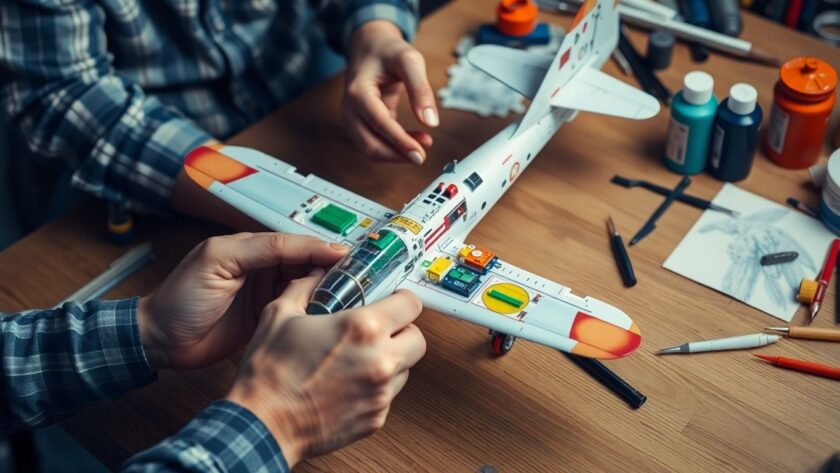 Hands building a model airplane with colorful parts.