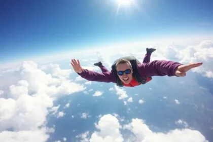 Skydiver freefalling through a clear blue sky.