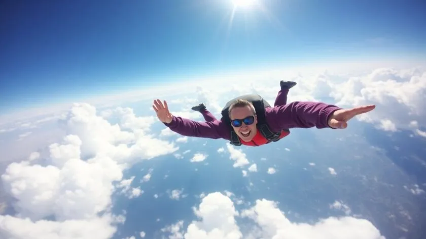 Skydiver freefalling through a clear blue sky.