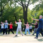 Group practicing Tai Chi in a peaceful park setting.