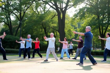 Group practicing Tai Chi in a peaceful park setting.