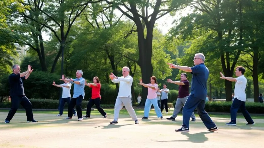 Group practicing Tai Chi in a peaceful park setting.