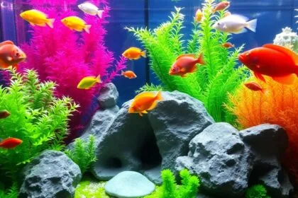 Colorful fish swimming in a lush aquarium with plants.