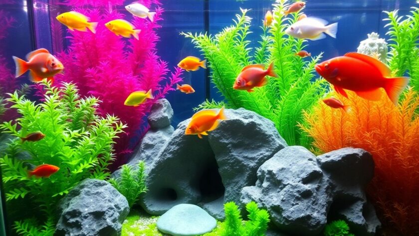 Colorful fish swimming in a lush aquarium with plants.