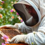 Beekeeper in protective gear with a beehive and flowers.