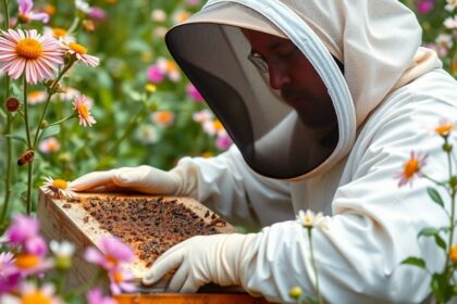 Beekeeper in protective gear with a beehive and flowers.