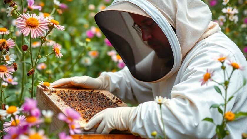 Beekeeper in protective gear with a beehive and flowers.