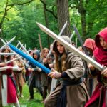 Participants in medieval costumes with foam swords in a forest.