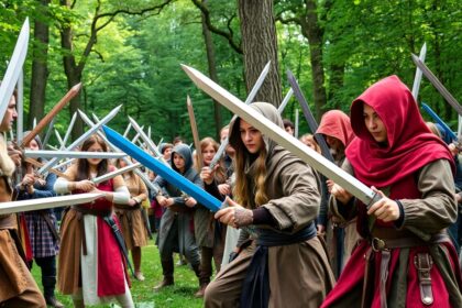 Participants in medieval costumes with foam swords in a forest.