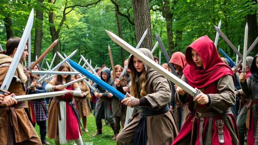 Participants in medieval costumes with foam swords in a forest.