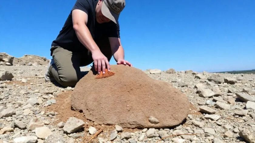 Person brushing dirt off a fossil in rocky terrain.