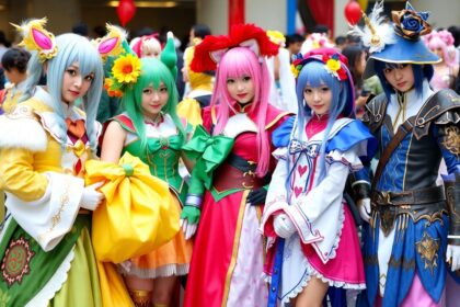 Diverse cosplayers in colorful costumes at a convention.