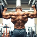 Muscular person lifting weights in a gym setting.