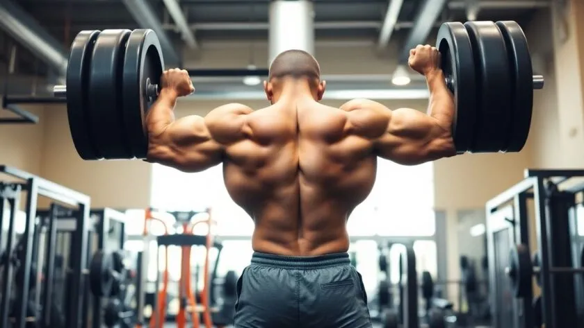 Muscular person lifting weights in a gym setting.