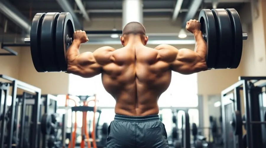 Muscular person lifting weights in a gym setting.