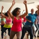 Group of people exercising in an aerobics class.