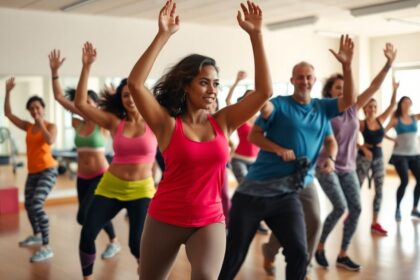 Group of people exercising in an aerobics class.