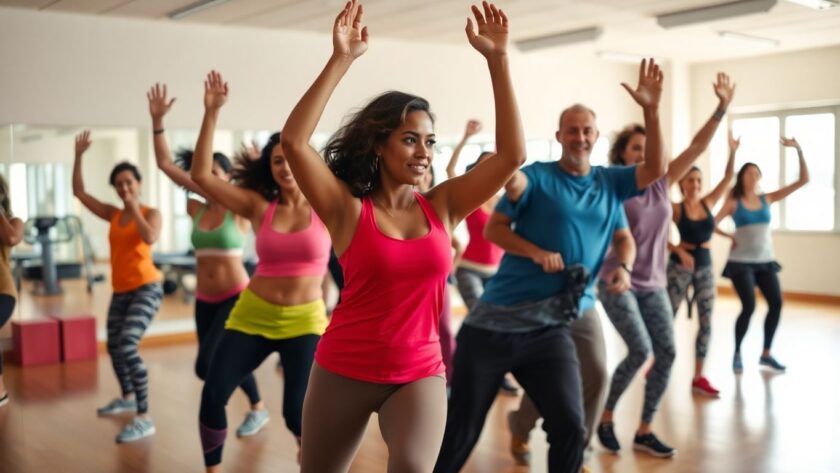 Group of people exercising in an aerobics class.